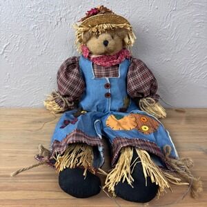 Shelf sitter scarecrow teddy bear patchwork clothes Primitive Rustic Farmhouse